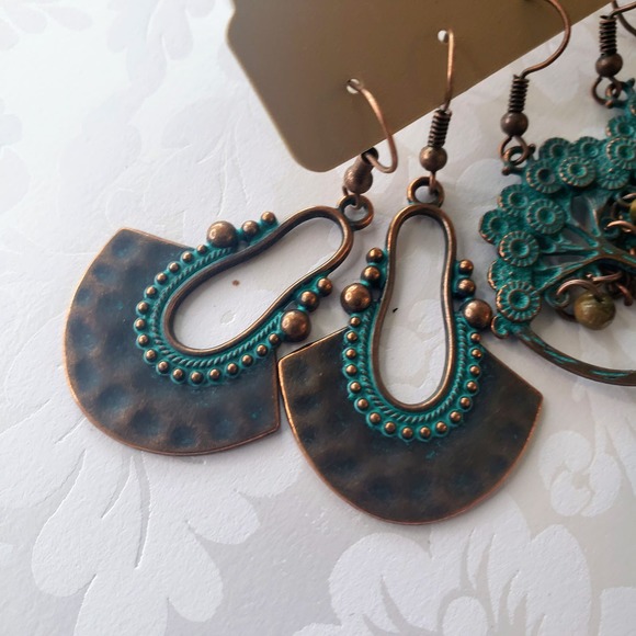 Vintage Boho Folk Charm Earrings Ancient Copper Blue Bohemian 3 Pairs - Picture 2 of 6